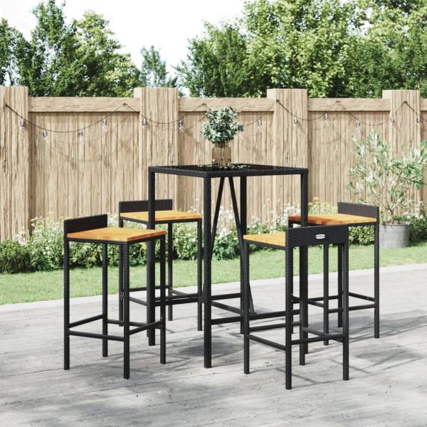 ARDEBO.de - 5-tlg. Gartenbar-Set Schwarz Poly Rattan & Massivholz Akazie