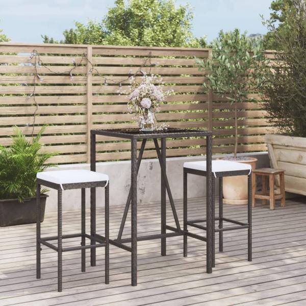 ARDEBO.de - 3-tlg. Gartenbar-Set mit Kissen Schwarz Poly Rattan