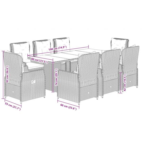 9-tlg. Garten-Essgruppe mit Kissen Hellgrau Poly Rattan