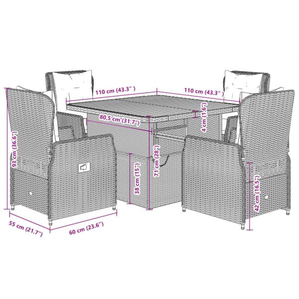 5-tlg. Garten-Essgruppe mit Kissen Schwarz Poly Rattan