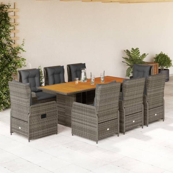 ARDEBO.de - 9-tlg. Garten-Essgruppe mit Kissen Grau Poly Rattan