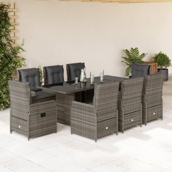 ARDEBO.de - 9-tlg. Garten-Essgruppe mit Kissen Grau Poly Rattan