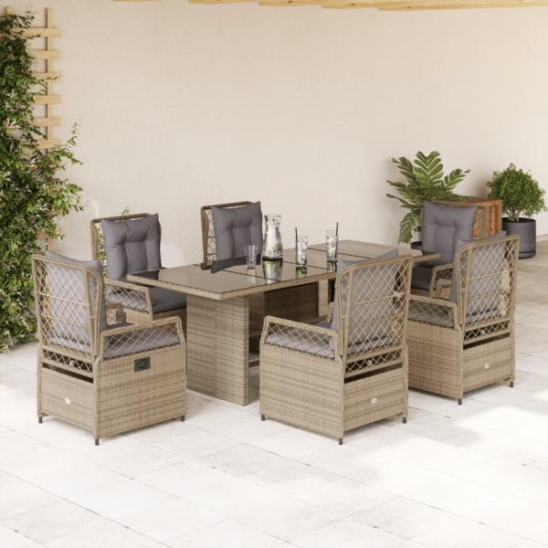 ARDEBO.de - 7-tlg. Garten-Essgruppe mit Kissen Beige Poly Rattan