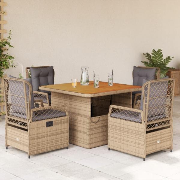 ARDEBO.de - 5-tlg. Garten-Essgruppe mit Kissen Beige Poly Rattan