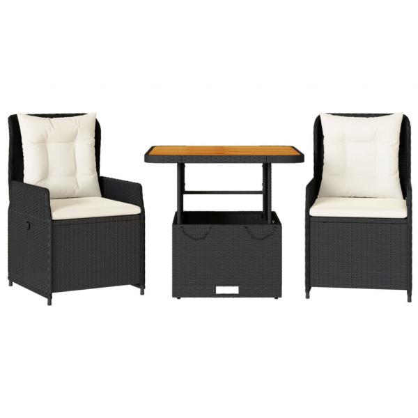 3-tlg. Bistro-Set mit Kissen Schwarz Poly Rattan