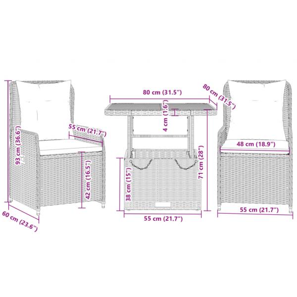 3-tlg. Bistro-Set mit Kissen Schwarz Poly Rattan