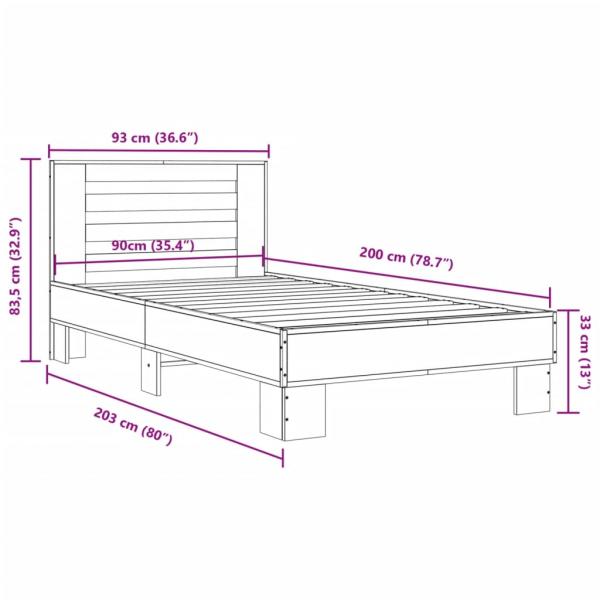 Bettgestell Grau Sonoma 90x200 cm Holzwerkstoff und Metall