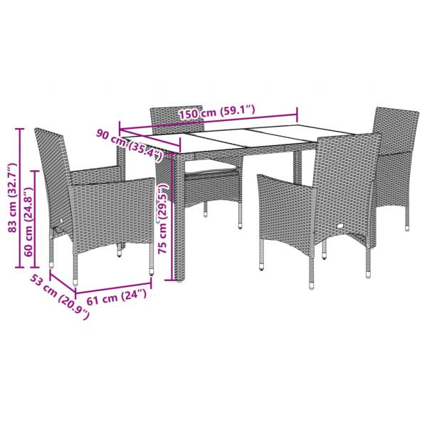 5-tlg. Garten-Essgruppe mit Kissen Grau Poly Rattan und Glas