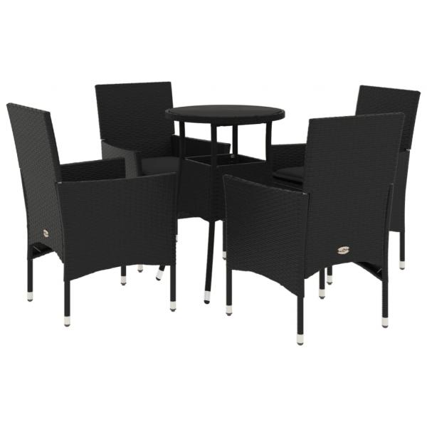 5-tlg. Garten-Essgruppe mit Kissen Schwarz Poly Rattan und Glas