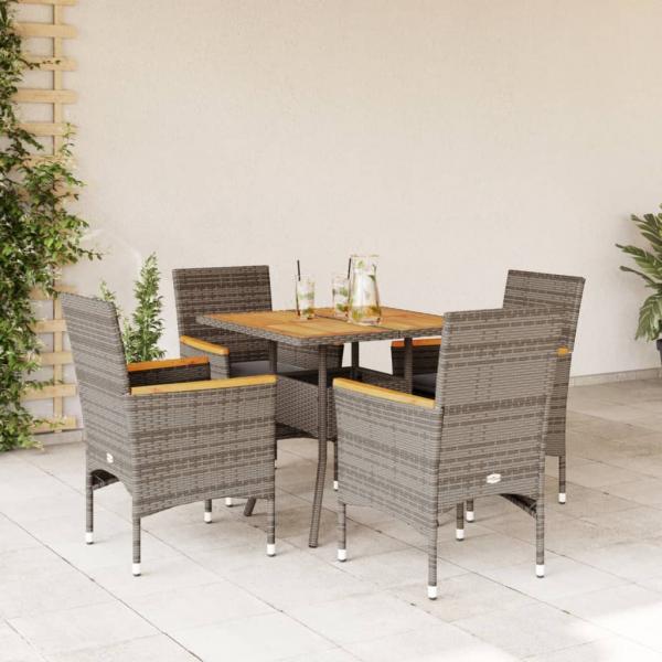 ARDEBO.de - 5-tlg. Garten-Essgruppe mit Kissen Grau Poly Rattan Akazie