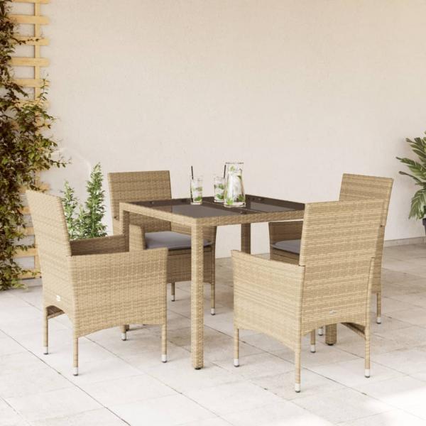 ARDEBO.de - 5-tlg. Garten-Essgruppe mit Kissen Beige Poly Rattan und Glas