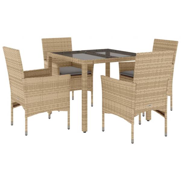 5-tlg. Garten-Essgruppe mit Kissen Beige Poly Rattan und Glas