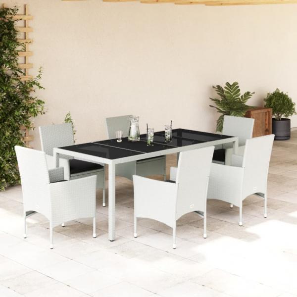 ARDEBO.de - 7-tlg. Garten-Essgruppe mit Kissen Weiß Poly Rattan und Glas