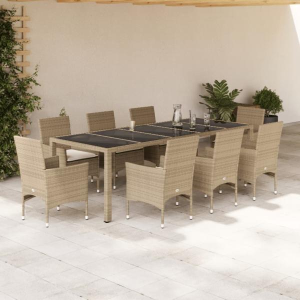 ARDEBO.de - 9-tlg. Garten-Essgruppe mit Kissen Beige Poly Rattan Glas