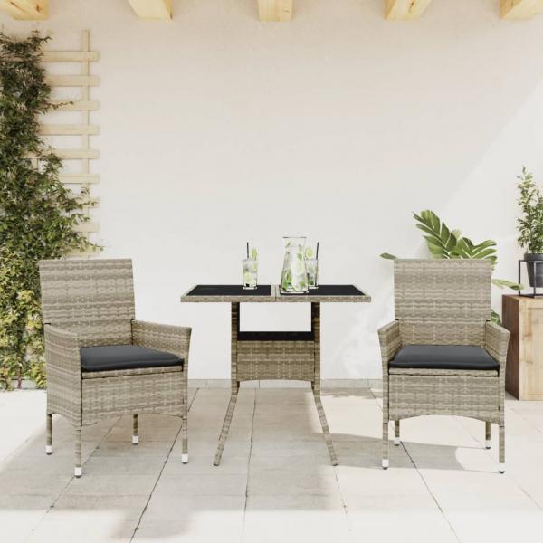 ARDEBO.de - 3-tlg. Garten-Essgruppe mit Kissen Hellgrau Poly Rattan Glas