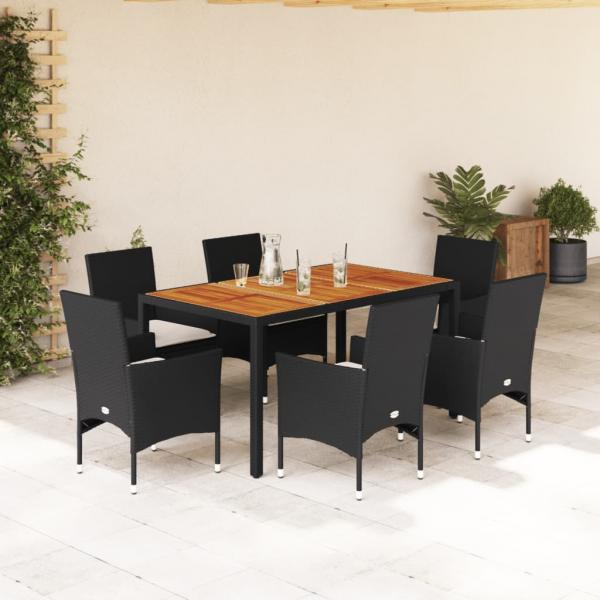 ARDEBO.de - 7-tlg. Garten-Essgruppe mit Kissen Schwarz Poly Rattan Akazie