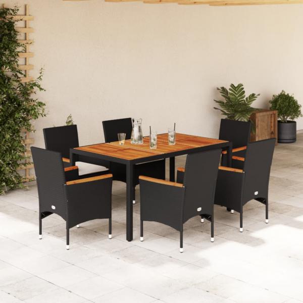 ARDEBO.de - 7-tlg. Garten-Essgruppe mit Kissen Schwarz Poly Rattan Akazie