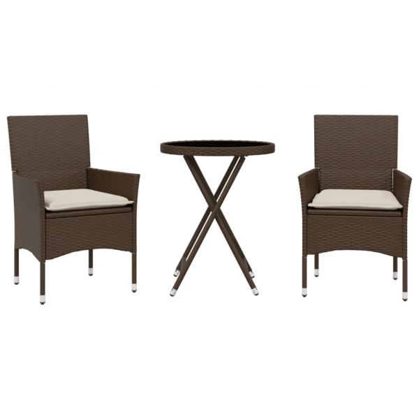 3-tlg. Bistro-Set mit Kissen Braun Poly Rattan und Glas