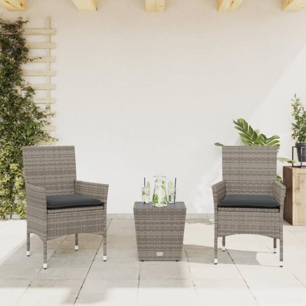 ARDEBO.de - 3-tlg. Bistro-Set mit Kissen Grau Poly Rattan und Glas