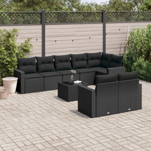 ARDEBO.de - 9-tlg. Garten-Sofagarnitur mit Kissen Schwarz Poly Rattan