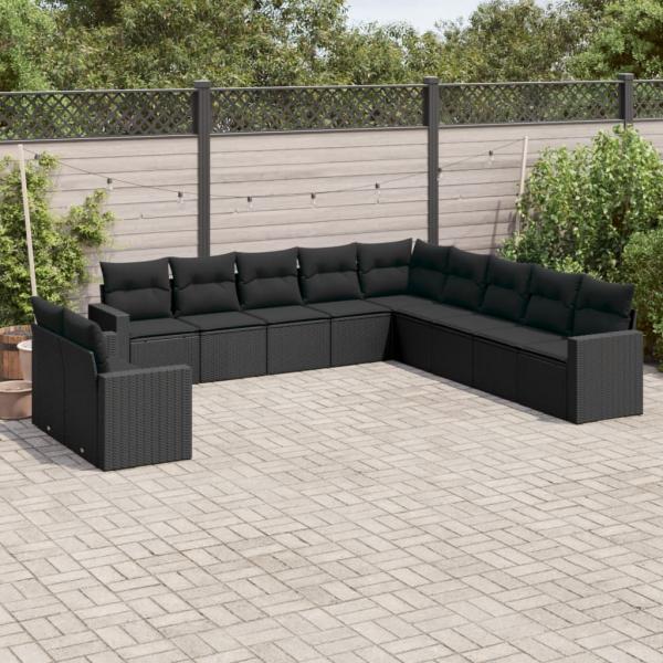 ARDEBO.de - 11-tlg. Garten-Sofagarnitur mit Kissen Schwarz Poly Rattan