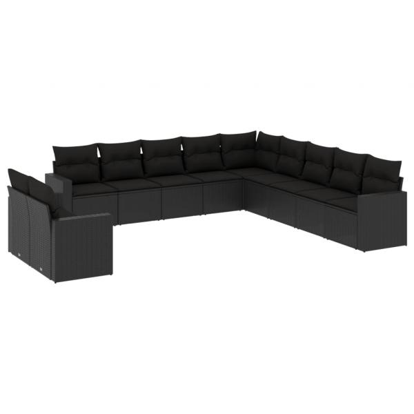 11-tlg. Garten-Sofagarnitur mit Kissen Schwarz Poly Rattan