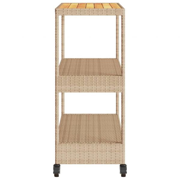 Barwagen 3 Böden Beige Poly Rattan und Massivholz Akazie