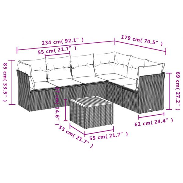 7-tlg. Garten-Sofagarnitur mit Kissen Grau Poly Rattan