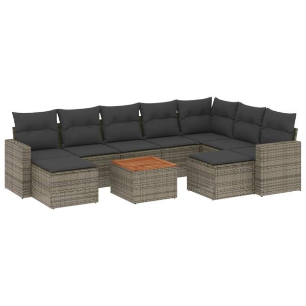 10-tlg. Garten-Sofagarnitur mit Kissen Grau Poly Rattan