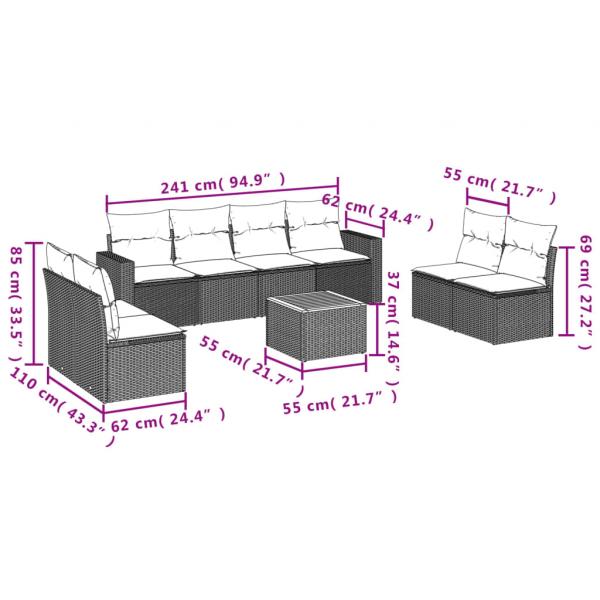 9-tlg. Garten-Sofagarnitur mit Kissen Schwarz Poly Rattan