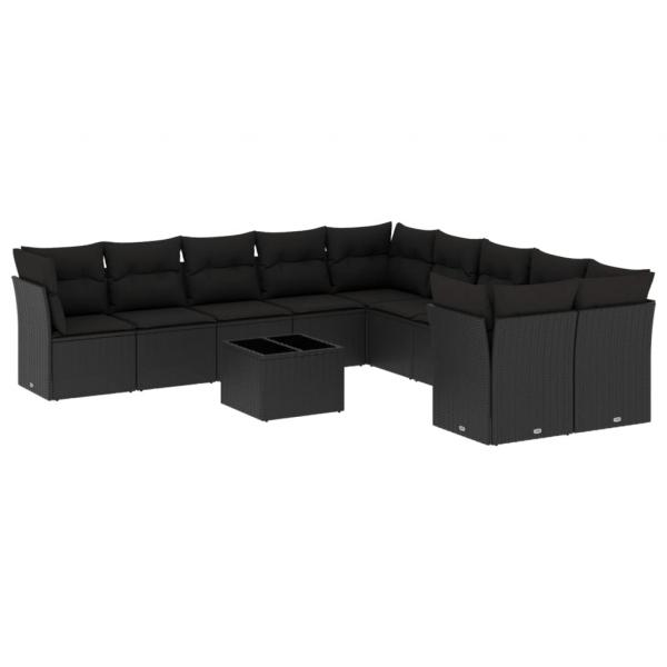 11-tlg. Garten-Sofagarnitur mit Kissen Schwarz Poly Rattan