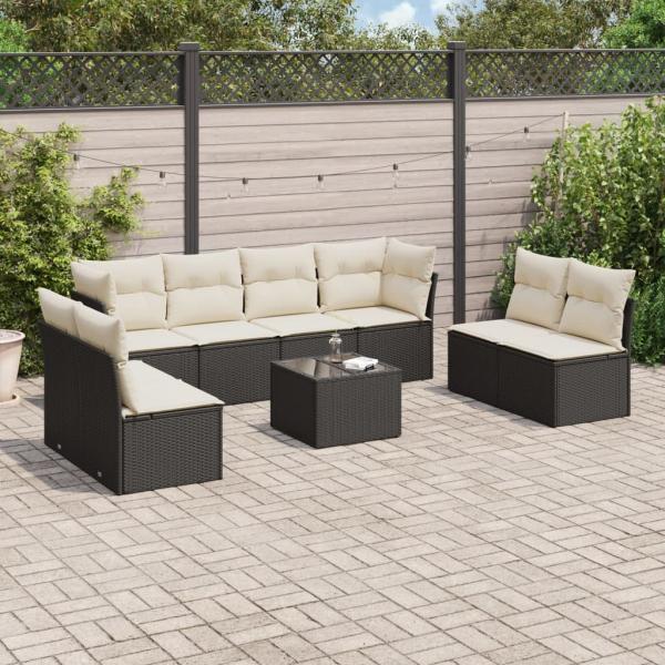 ARDEBO.de - 9-tlg. Garten-Sofagarnitur mit Kissen Schwarz Poly Rattan