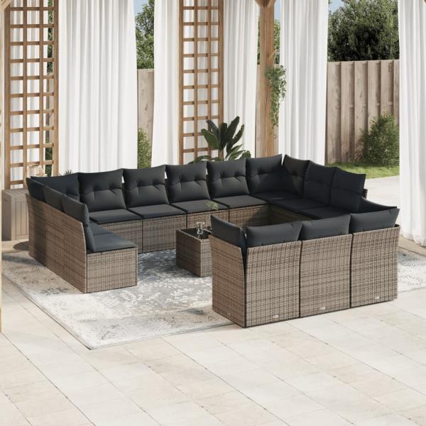 ARDEBO.de - 14-tlg. Garten-Sofagarnitur mit Kissen Grau Poly Rattan