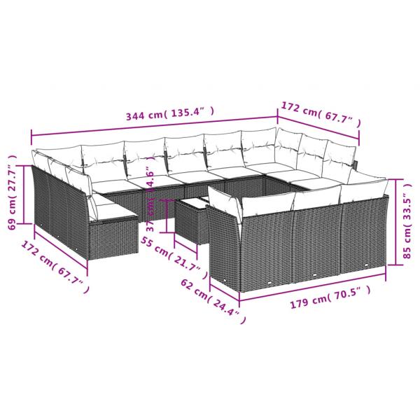 14-tlg. Garten-Sofagarnitur mit Kissen Grau Poly Rattan