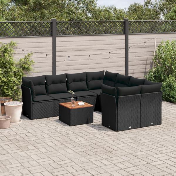 ARDEBO.de - 9-tlg. Garten-Sofagarnitur mit Kissen Schwarz Poly Rattan