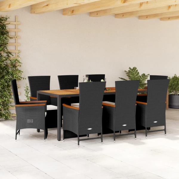 ARDEBO.de - 9-tlg. Garten-Essgruppe mit Kissen Schwarz Poly Rattan