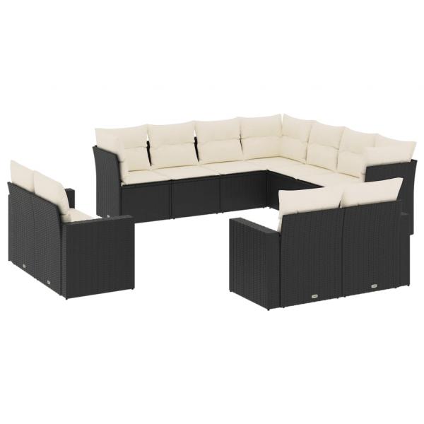 11-tlg. Garten-Sofagarnitur mit Kissen Schwarz Poly Rattan