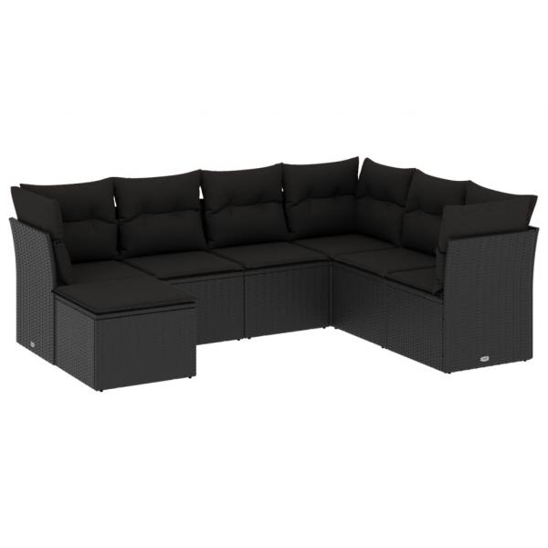 7-tlg. Garten-Sofagarnitur mit Kissen Schwarz Poly Rattan