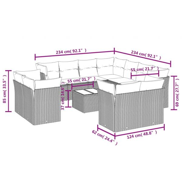 12-tlg. Garten-Sofagarnitur mit Kissen Schwarz Poly Rattan