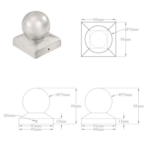 Pfostenkappen 6 Stk. Kugelform Verzinktes Metall 91 x 91 mm 