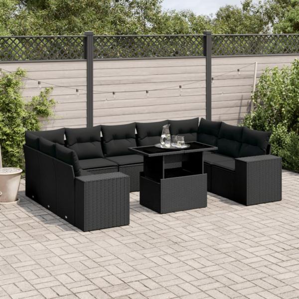 ARDEBO.de - 10-tlg. Garten-Sofagarnitur mit Kissen Schwarz Poly Rattan