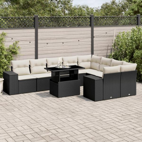 ARDEBO.de - 10-tlg. Garten-Sofagarnitur mit Kissen Schwarz Poly Rattan