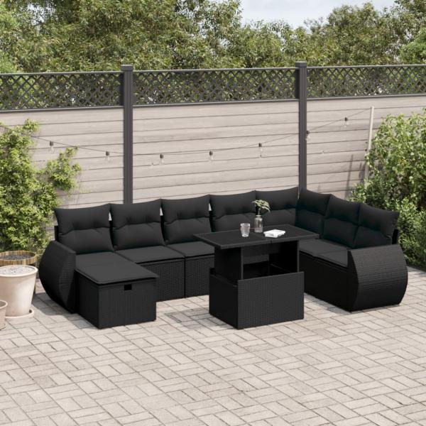 ARDEBO.de - 9-tlg. Garten-Sofagarnitur mit Kissen Schwarz Poly Rattan