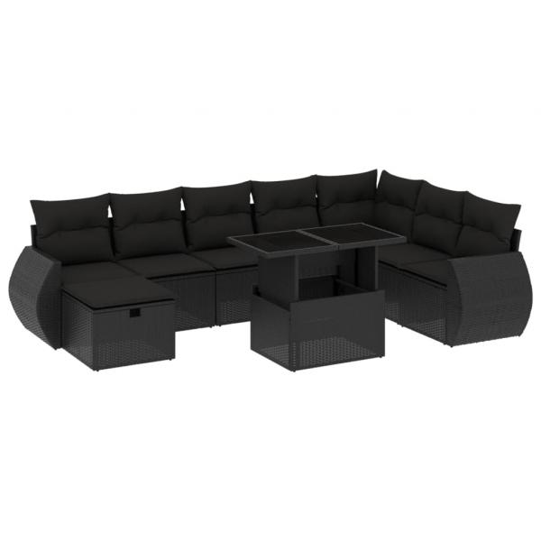 9-tlg. Garten-Sofagarnitur mit Kissen Schwarz Poly Rattan