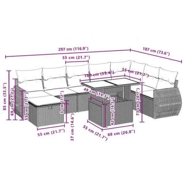 9-tlg. Garten-Sofagarnitur mit Kissen Schwarz Poly Rattan