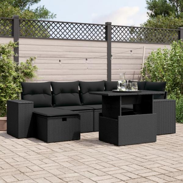 ARDEBO.de - 7-tlg. Garten-Sofagarnitur mit Kissen Schwarz Poly Rattan