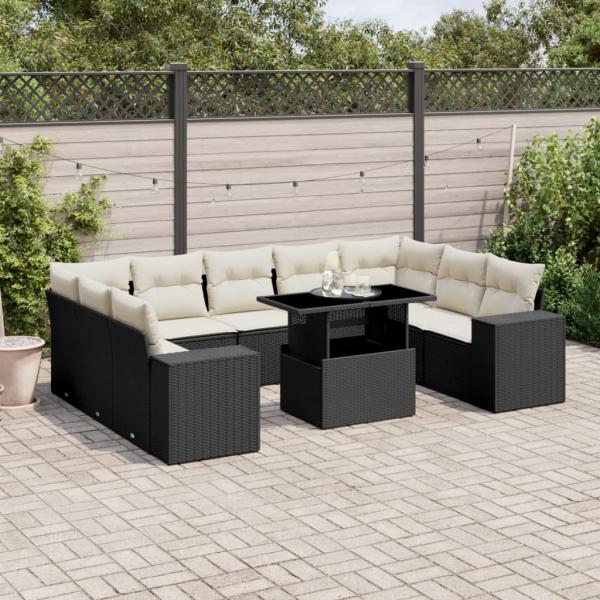 ARDEBO.de - 10-tlg. Garten-Sofagarnitur mit Kissen Schwarz Poly Rattan