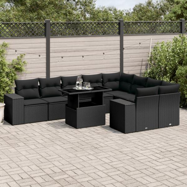 ARDEBO.de - 10-tlg. Garten-Sofagarnitur mit Kissen Schwarz Poly Rattan