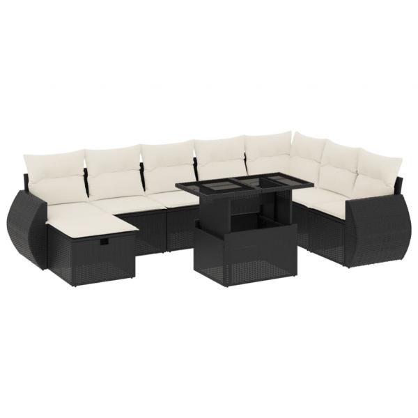 9-tlg. Garten-Sofagarnitur mit Kissen Schwarz Poly Rattan