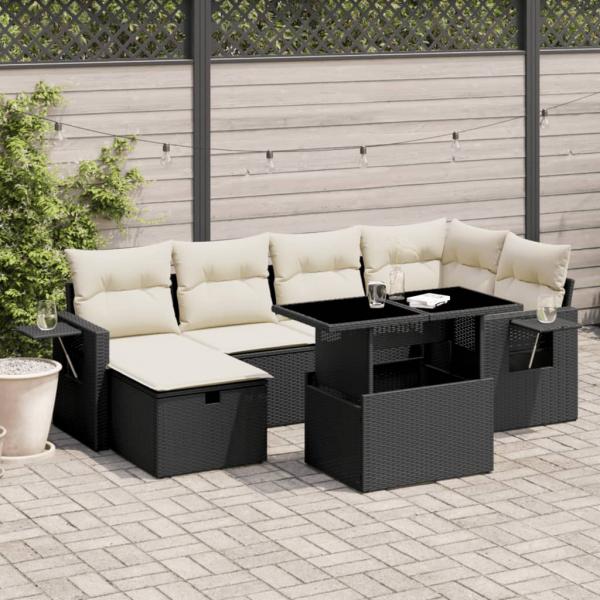 ARDEBO.de - 7-tlg. Garten-Sofagarnitur mit Kissen Schwarz Poly Rattan